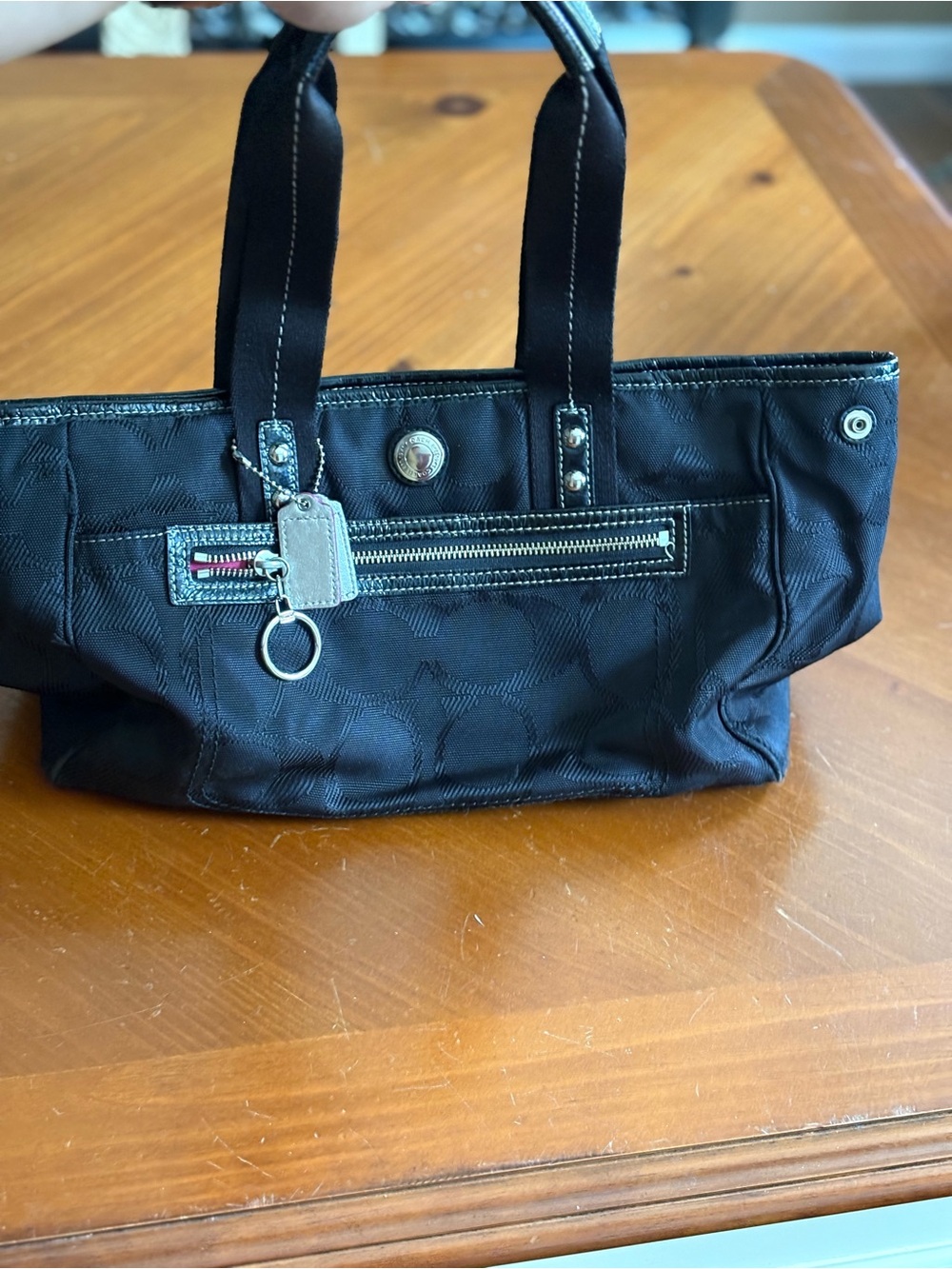 Coach Black Signature Nylon Shoulder Bag with Front Zip Pocket